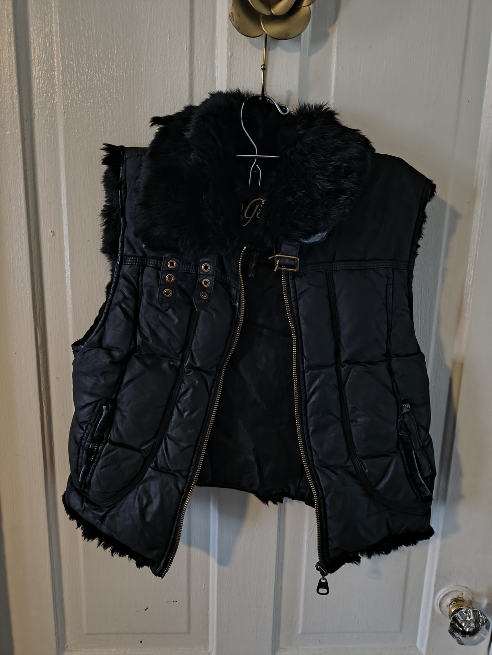 Guess Black Quilted-Fur Trim Vest